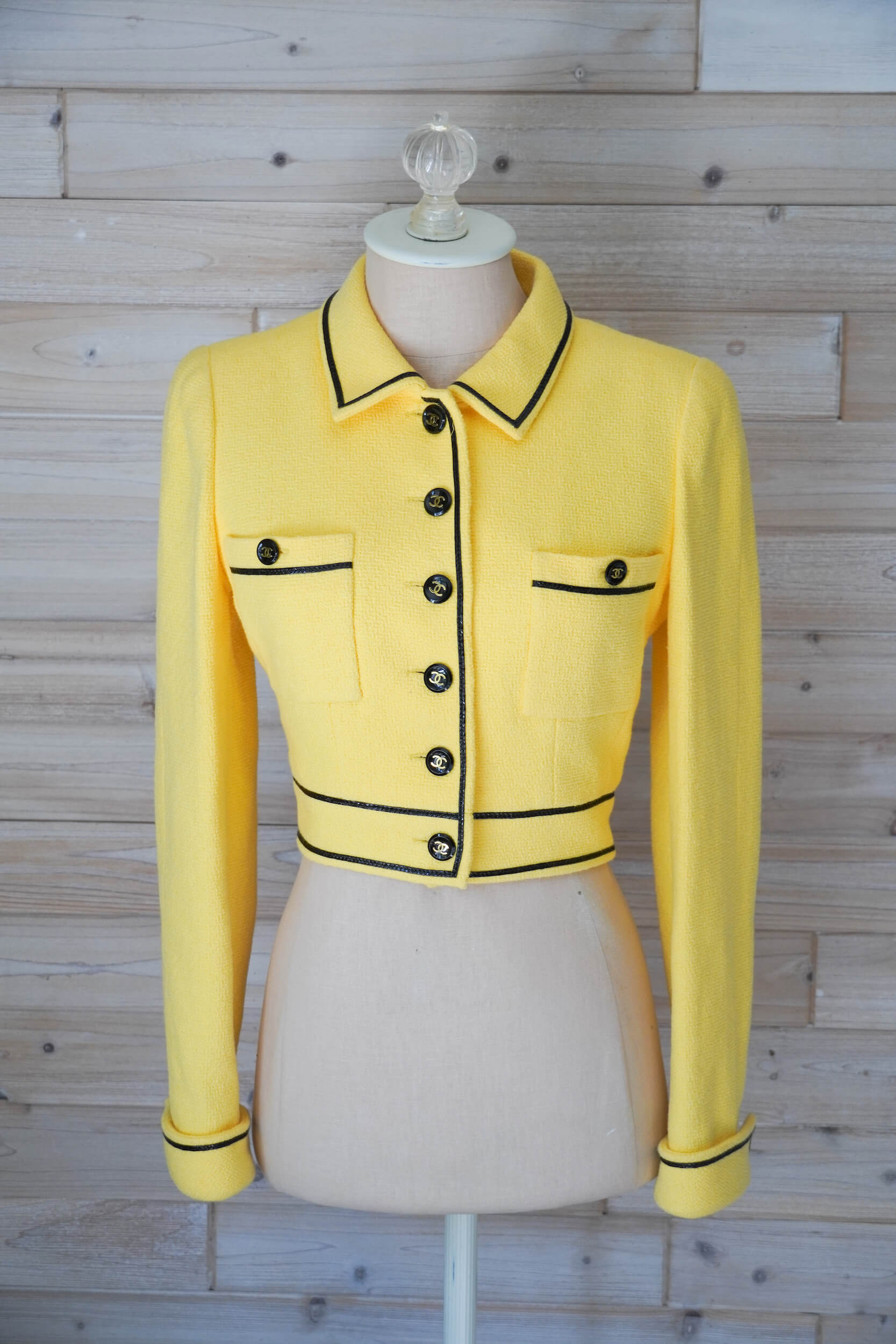 Vintage Chanel 1995 Barbie Collection Yellow Cropped Jacket Microsuit -  Vala Lavande Vintage